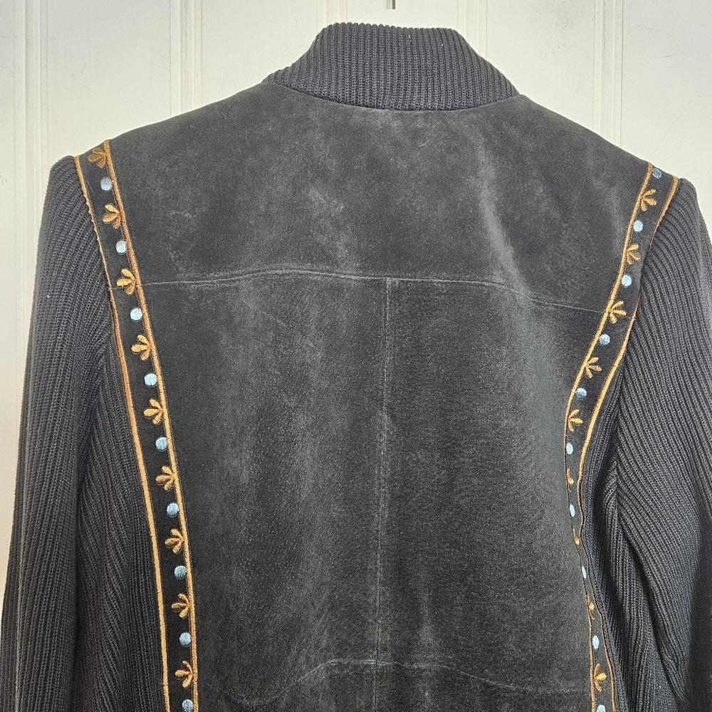 Bob Mackie Wearable Art Embroidered Black Suede Leather Full-Zip Jacket Womens M - Picture 10 of 16